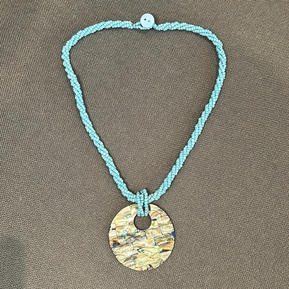 Turquoise Beaded Necklace with Shell Mosaic Pendant
